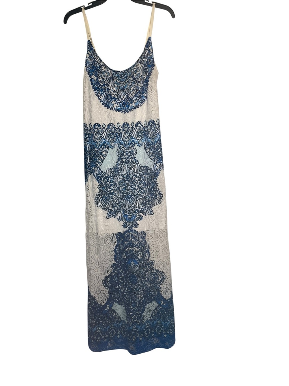 Blue & Cream Lace-Print Maxi Dress - Sleeveless Slip Style